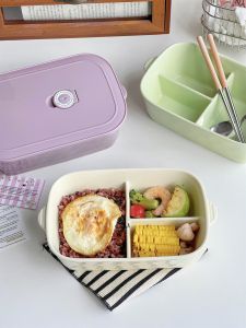 Ceramic Divided Lunch Box Microwave Safe Student Office Workers Cafeteria Lunch Box with Lid Bento Box Yellow Green Purple