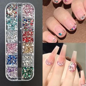 12Grids Mixed-Shape Flatback 3D Mini Nail Art Rhinestones Gold/Silver/White Diamond Gem Nails Charms Shiny Manicure Decorations