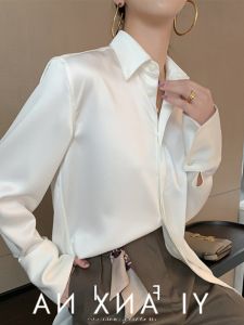 เสื้อเชิ้ตผ้าชีฟองสีขาวผู้หญิง แขนยาว ทรงตรง สไตล์เกาหลี ดีไซน์ใหม่ ฤดูใบไม้ผลิและฤดูใบไม้ร่วง เสื้อผ้าทำงาน เสื้อเชิ้ตคอกลม