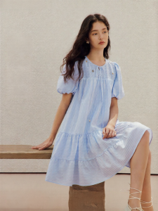 INMAN | French Style Blue and White Striped Shell Design Dress Short Sleeve