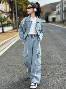 MPW | ชุดเด็กผู้หญิงยีนส์ ชุดสองชิ้น ฤดูใบไม้ผลิและฤดูใบไม้ร่วง แฟชั่นสำหรับเด็กวัยกลางคนและโต กางเกงขายาวขาด ชุดแฟชั่นสำหรับเด็ก