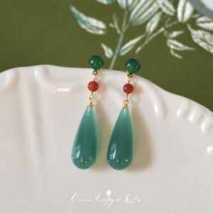 Artistic Red Agate Imitation Jade Waterdrop Earrings for Women Vintage Beauty Silver Plated Jewelry Fresh out Fashion Accessory