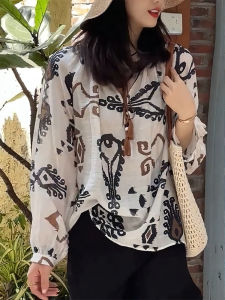QINGNAER | Elegant Bohemian Style Summer Plus Size Flower Print Lightweight V-Neck Long Sleeve Shirt