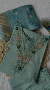 [PRE-ORDER] Size M to 2XL KURTI WITH PANT:- ROMAN SILK WITH HEAVY EMBROIDERED WORK 3PCS sets_366_C-Green