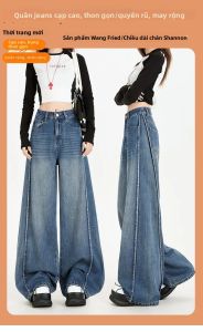 Quần Harem Nữ Cạp Cao Ống Rộng Dáng Thẳng Chất Liệu Jean Màu Trơn Thoải Mái Phong Cách Công Sở Dài Đến Mắt Cá Chân