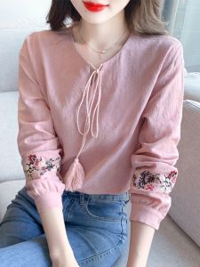 Áo Sơ Mi Dài Tay Thêu Cổ Điển Cho Nữ Mùa Xuân 2024 Áo Sơ Mi Cotton Polyester Dáng Rộng Cổ Chữ V Tay Thường