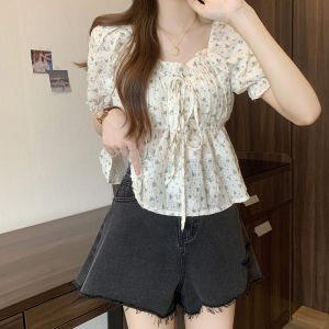 plus Size Womens Bubble Sleeve Floral Short Sleeve Shirt Summer Sweet Style Belly Cover Slimming Top Korean Loose Fit Blouse