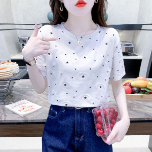 Summer Womens Loose Cotton T-Shirt Short Sleeve Half Sleeve Printed round Neck Basic Fit Korean Style Creative Geometric Pattern
