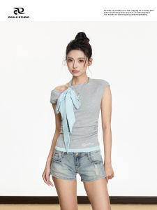 Sweet And Spicy Short Sleeve T-Shirt Womens Original Slimming Waist Show Shoulder Top Butterfly Knot Summer New Style Short Length