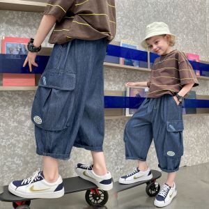 Childrens clothing boy jeans summer thin fashion mid-size pants childrens pocket design cropped pants 5-15 years old