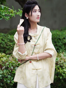Elegant Womens Summer 2025 New Chinese Style Top Thin Outerwear Vintage National Trend Casual Loose Long Sleeve Printed Shirt