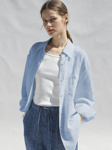 Loose Fit Pure Linen Shirt Womens Long Sleeve UV Protection Spring Summer Blue Color Casual Style Button Placket Polo Neck