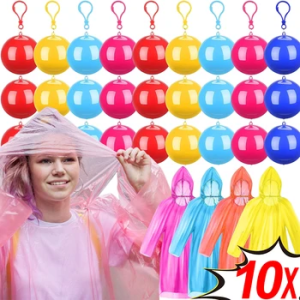 10Pcs Portable Emergency Poncho / Disposable Raincoat Ball with Keyring / Outdoor Rainwear Cape