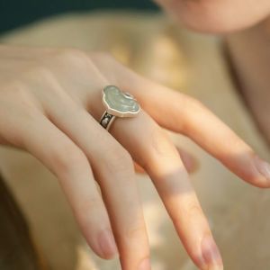 Natural Hetian Jade Good Luck Cloud Ring for Women Vintage Design Living Mouth Silver Ring Fashionable Ethnic Style Accessories