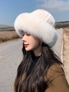 New Winter Warm Mink Fur Hat Womens Knitted Fox Fur Fisherman Painter Fur Leather Cap Elegant Style Short Brim round Top Hat