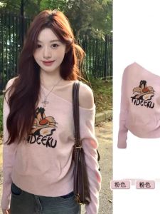 Pink Slant Shoulder Loose Knitted Sweater Womens Fashion Spring Autumn Korean Style Casual Long Sleeve T-Shirt