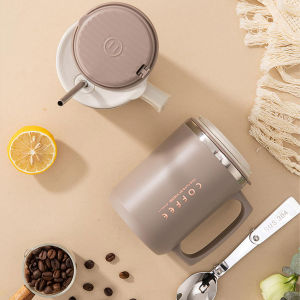 WORTHBUY Double Wall Insulated Milk Coffee Mug With Folding Spoon & Spoon Portable Sealed 304 Stainless Steel Drinking Cup