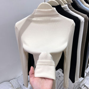 Womens Fleece Lined Long Sleeve Base Shirt Half High Collar Brushed Texture Casual Style Winter Fashion Soft Comfortable Cotton Blend