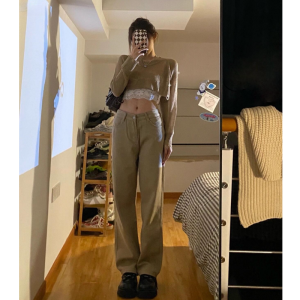 ยาวพิเศษ สีกากี เดนิม กางเกง สูง เอว หลากหลาย ขาตรง สูง 180 ซม. ผู้หญิง ขากว้างแคบยาวพิเศษ ความยาวพื้น กางเกงยีนส์