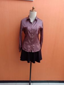 atasan kemeja wanita coklat salur silk SHAIMA cewek M L lengan panjang MEWAH kerja kuliah