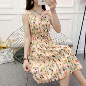 Summer 2025 Womens Floral Print Cotton Silk Short Sleeveless Dress High Waist Drawstring A-Line Skirt Korean Style Commute