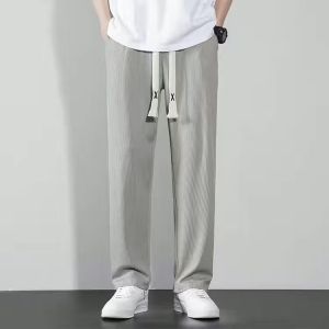 Mens White Ice Silk Sports Pants Summer Thin High Waist Drape Loose Straight Leg Casual Wide Leg Pants Youth Fashion