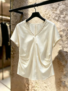 SHUAIYUE | Áo Thun Tay Ngắn V-Neck Cổ Beaded Giảm Cân Pháp