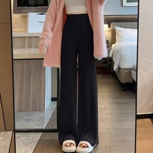 WANGGONGZHU | High Waist Thickened Knitted Casual Pants For Women With Slits Wide Leg Autumn Winter New Style Soft Loose Straight Floor-Length