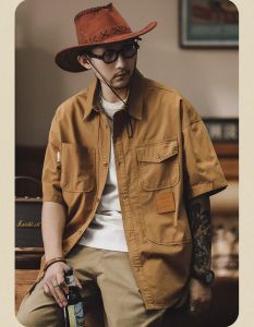 [40-100กก.] เสื้อเชิ้ตทำงานอเมริกาแบบย้อนยุคฤดูร้อนของขนาดใหญ่พิเศษชายเสื้อเชิ้ตลำลองบริสุทธิ์ผ้าฝ้ายหลวม