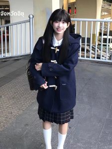 เสื้อโค้ทขนสัตว์ทรงยาวปานกลางมีฮู้ดแบบหนาสำหรับฤดูหนาวปี 2024 ผ้าขนสัตว์ทรงคอร์ดูรอยแบบ JK เสื้อคลุมกันหนาวแบบมีซิป