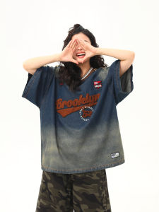 WILDAZI | Vintage V-Neck Washed Denim Short Sleeve T-Shirt