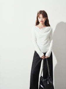 La Chapelle Lace Long Sleeve T-Shirt Womens Spring Fashion Shoulder Exposure Top Korean Style Pure Color Commute Knitted