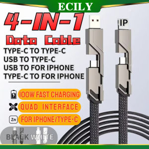 ECILY 4 In 1 100W ที่ชาร์จไฟรวดเร็ว USB Type-C ไปยัง Us/ สายไลต์นิ่งสำหรับ I-Phone 15 14 13 Pro Max Huawei Xiaomi สายโทรศัพท์โทรศัพท์มือถือ PD