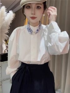 French Elegant Bubble Sleeve Stand Collar White Shirt Womens Spring Fashion Design Unique Top Elegant Small Fragrance Style Shirt