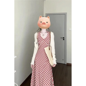 ชุดเดรสยาวคอวีแขนกุดลายสก็อตสไตล์วินเทจสำหรับผู้หญิง ชุดว่ายน้ำชายหาดฤดูร้อน ชุดเดรสยาวปานกลาง ชุดเดรสยาวปานกลาง