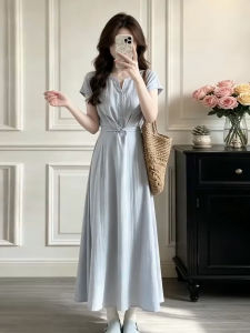 Ge·an·fei | Đầm Dáng A Tay Ngắn Màu Xanh Kiểu Pháp Mùa Hè Giúp Gầy