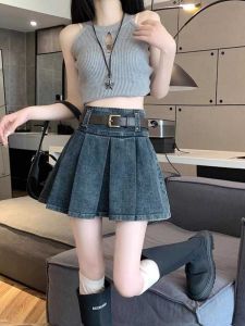Váy Ngắn Chữ a Cạp Cao Màu Xanh Lam Cổ Điển Cho Nữ Mùa Xuân Hè Mới Về Váy Denim Xếp Ly Thon Gọn Cho Nữ