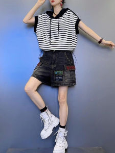 Shalldoer | Popular Set Womens Summer Striped Hooded Drawstring Short Sleeve T-Shirt Embroidered Denim Shorts Two-Piece Set Trendy Ensemble