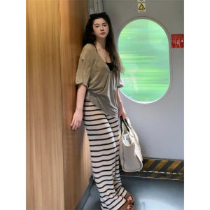 กางเกงขายาวทรงหลวมเอวสูงลายทางถักยาวคลุมเข่าสำหรับฤดูใบไม้ร่วงและฤดูหนาว กางเกงขายาวทรงหลวมสำหรับใส่ไปทำงาน