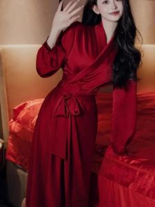 Bridesmaid Morning Robe Red Butterfly Knot Sleep Dress Wedding Bride Womens Style Long Sleeve V-Neck Mid-Length Home Clothes