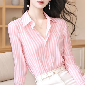 French Style Fancy Beautiful Pink Stripes Lapel Long Sleeve Shirt Womens Autumn Chic Super Nice Flab Hiding Shirt
