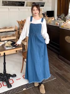 ชุดเดรสยาวผ้าเดนิมสีน้ำเงินสไตล์เกาหลีสำหรับผู้หญิงไซส์ใหญ่ ชุดฤดูร้อนปี 2025 ชุดเดรสยาวคลุมหน้าท้องช่วยลดน้ำหนัก