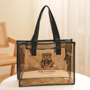 Transparent Tea Colored Large Capacity Makeup Bag Shoulder Handbag Bear Swimming Bathing Toiletry Bag Commuter Tote Bag
