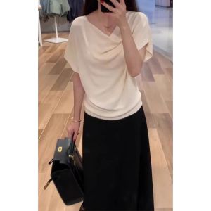 YUEZHONGWEI | Loose Knitted Short Sleeve Shoulder Bared T Shirt Womens Summer Fashion French Style Casual Comfortable Breathable Top