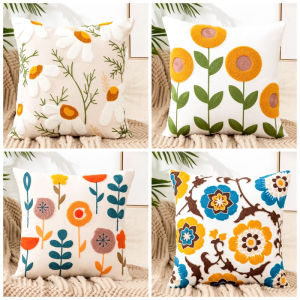 Decorative Embroidery Throw Pillows Cover 18x18 inch Boho Farmhouse Square Pillow Case for Couch Sofa Bed Plant Floral Patterns Home Decor Cushion Cover