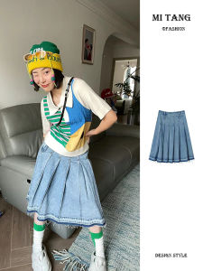 สูง เอว น้ําเงิน เดนิม กระโปรงครึ่ง ผู้หญิง ฤดูร้อน ดีไซน์ Double เอว พลีท กระโปรงยาวปานกลาง หลากหลาย ทรงเอ สีล้วน วัสดุอื่นๆ