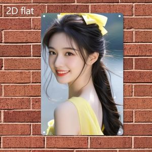 CIFbuy | 2D Flat Metal Sign - Elegant Woman Portrait Yellow Hair & Bow Durable Iron Wall Art for Home Bar Cafe Bedroom