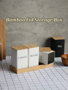 3PCS Japanese style Metal Storage Box Tea Coffee Suger Canister with Bamboo Lid Storage Tin Can