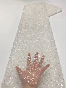2026 African Sequins Lace Fabric Heavy Nigerian Beaded Embroidered With Sewing French Tulle Mesh Lace Fabric Fabrics Material