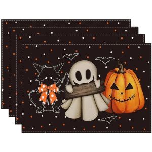 Bộ Khăn Trải Bàn Theo Chủ Đề Halloween 4 Món VIKAMA - Thiết Kế Hình Mèo Đen & Ma Quái Dành Cho Các Buổi Họp Mặt Gia Đình Tiệc Tùng Trang Trí Nhà Hàng Chất Liệu Polyester Bền Dễ Chăm Sóc.